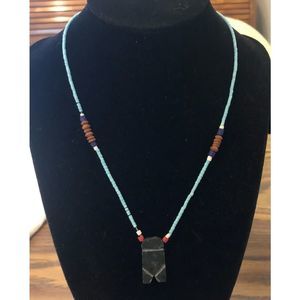 Seed bead 17” blue w/stationary brown pendant necklace